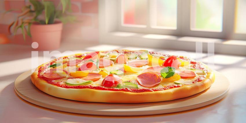 Delicious vegetarian pizza with colorful toppings and pizza slices with copyspace background, a fresh, vibrant pizza loaded with vegetables, with slices perfectly arranged and ample space for text or promotional content.