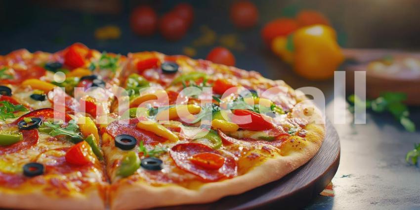 Delicious vegetarian pizza with colorful toppings and pizza slices with copyspace background, a fresh, vibrant pizza loaded with vegetables, with slices perfectly arranged and ample space for text or promotional content.