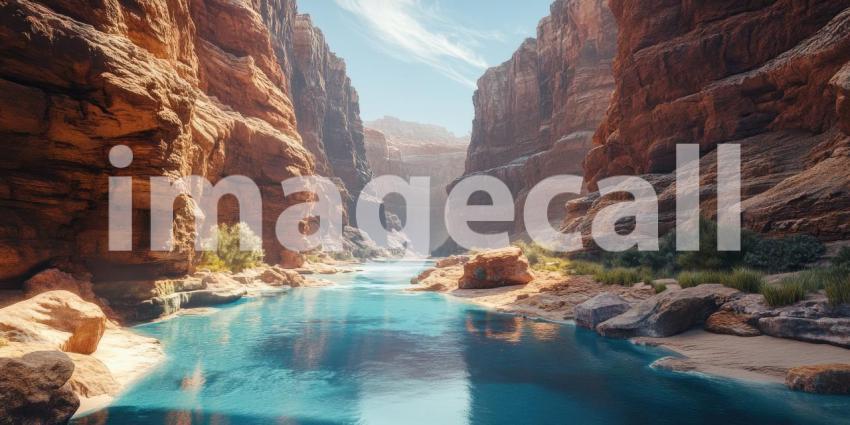 Deep Canyon with Blue River Flowing Between Rocky Cliffs Background, Majestic Landscape with a Winding River Surrounded by Towering Rocky Cliffs