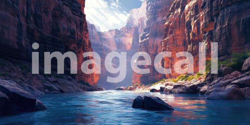 Deep Canyon with Blue River Flowing Between Rocky Cliffs Background, Majestic Landscape with a Winding River Surrounded by Towering Rocky Cliffs
