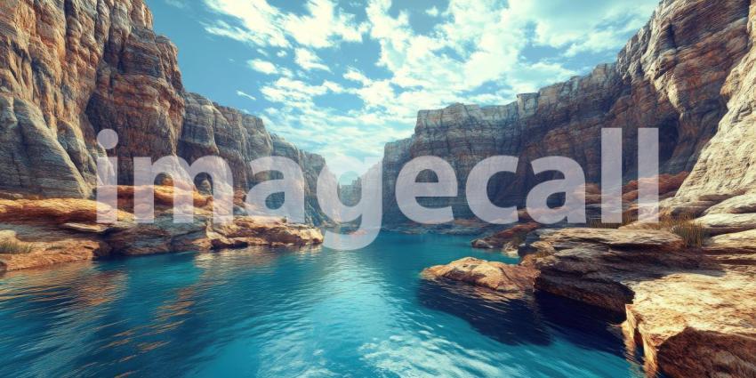 Deep Canyon with Blue River Flowing Between Rocky Cliffs Background, Majestic Landscape with a Winding River Surrounded by Towering Rocky Cliffs