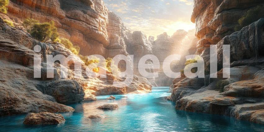 Deep Canyon with Blue River Flowing Between Rocky Cliffs Background, Majestic Landscape with a Winding River Surrounded by Towering Rocky Cliffs