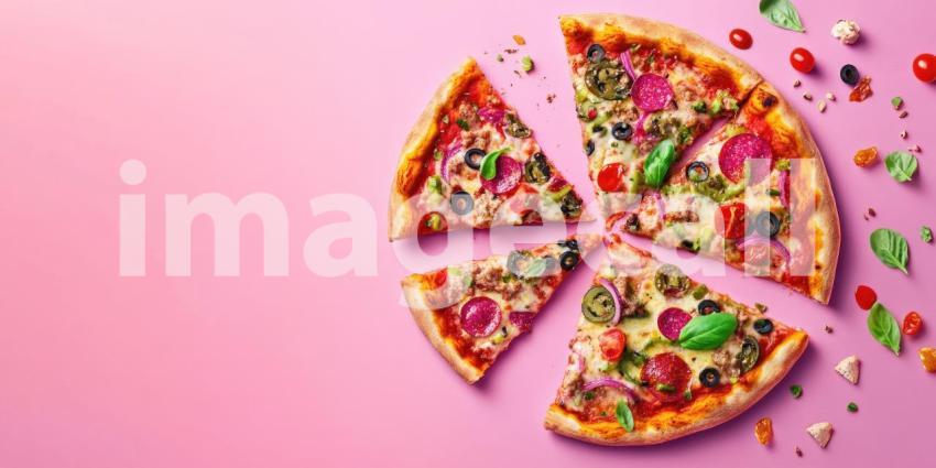 Delicious vegetarian pizza with colorful toppings and pizza slices with copyspace background, a fresh, vibrant pizza loaded with vegetables, with slices perfectly arranged and ample space for text or promotional content.
