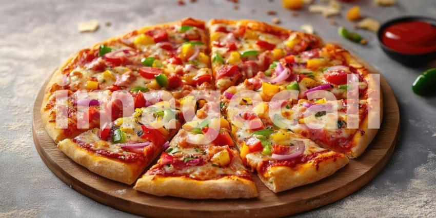 Delicious vegetarian pizza with colorful toppings and pizza slices with copyspace background, a fresh, vibrant pizza loaded with vegetables, with slices perfectly arranged and ample space for text or promotional content.