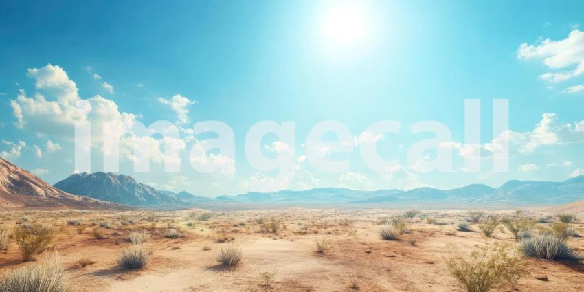 Desert Landscape Under Bright Blue Sky Background, Vast Sandy Desert with a Clear, Vibrant Blue Sky Above