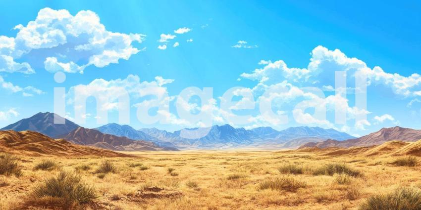 Desert Landscape Under Bright Blue Sky Background, Vast Sandy Desert with a Clear, Vibrant Blue Sky Above