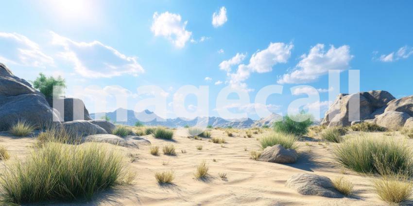 Desert Landscape Under Bright Blue Sky Background, Vast Sandy Desert with a Clear, Vibrant Blue Sky Above