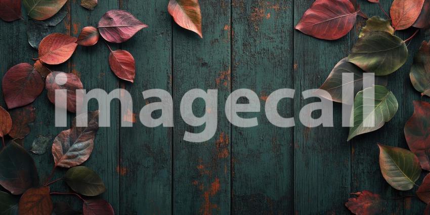 Different colored leaves on a weathered wooden surface background, vibrant autumn leaves in shades of red, orange, and yellow scattered across a rustic wooden backdrop, evoking a warm, seasonal feel with a touch of nature.