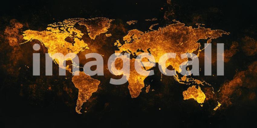 Digital rendering of an abstract world map background, a futuristic and artistic interpretation of the world map with glowing lines and geometric shapes, set against a sleek, dark backdrop to highlight the map contours and connections.