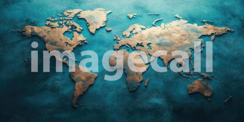 Digital rendering of an abstract world map background, a futuristic and artistic interpretation of the world map with glowing lines and geometric shapes, set against a sleek, dark backdrop to highlight the map contours and connections.