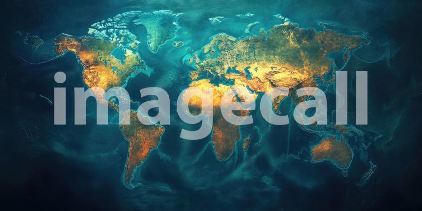 Digital rendering of an abstract world map background, a futuristic and artistic interpretation of the world map with glowing lines and geometric shapes, set against a sleek, dark backdrop to highlight the map contours and connections.