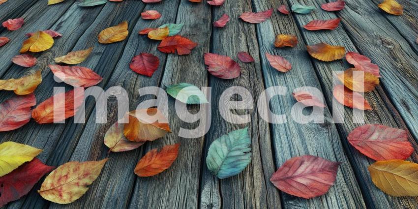 Different colored leaves on a weathered wooden surface background, vibrant autumn leaves in shades of red, orange, and yellow scattered across a rustic wooden backdrop, evoking a warm, seasonal feel with a touch of nature.