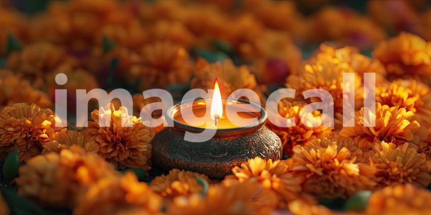 Diya Oil Lamp with Vibrant Orange Marigold Flowers Background, Glowing Diya Surrounded by Bright Marigold Flowers