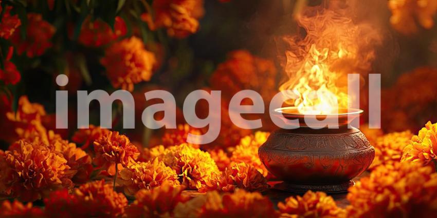 Diya Oil Lamp with Vibrant Orange Marigold Flowers Background, Glowing Diya Surrounded by Bright Marigold Flowers