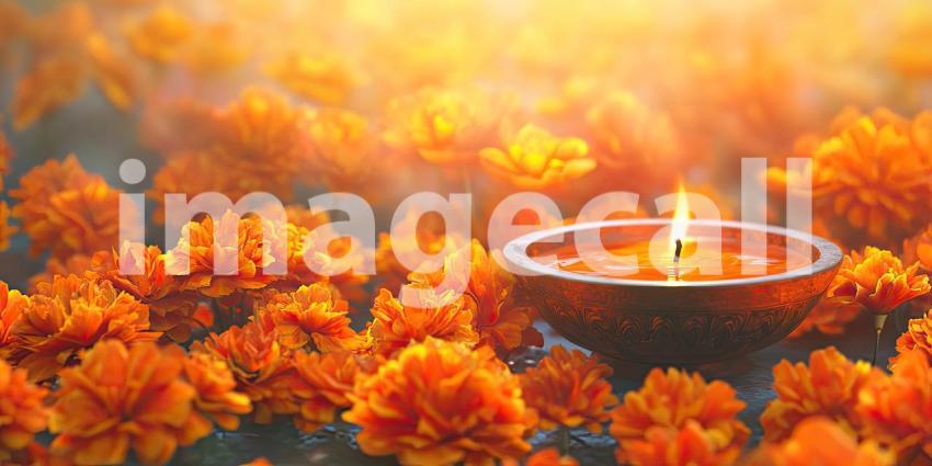 Diya Oil Lamp with Vibrant Orange Marigold Flowers Background, Glowing Diya Surrounded by Bright Marigold Flowers