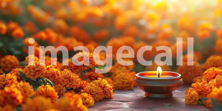 Diya Oil Lamp with Vibrant Orange Marigold Flowers Background, Glowing Diya Surrounded by Bright Marigold Flowers