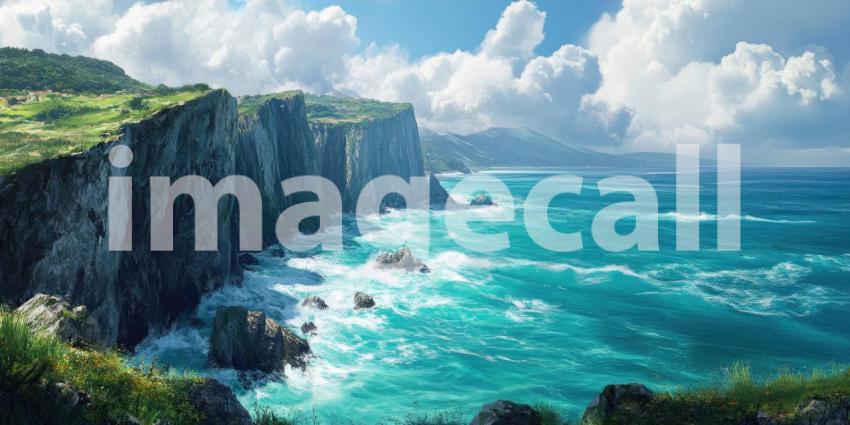 Dramatic Cliffside Overlooking Churning Sea Background, Rugged Cliff Edges with Waves Crashing Below, Creating a Powerful and Majestic Coastal Scene