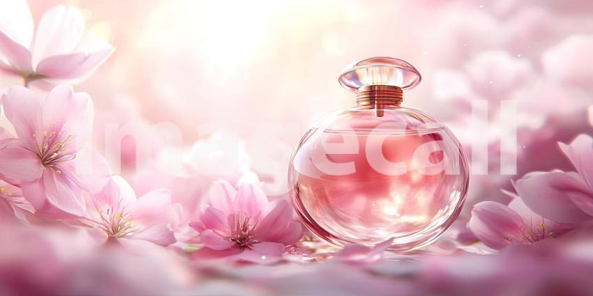 Elegant Perfume Bottle Mockup with Soft Pink Flowers Background, Sophisticated Perfume Bottle Surrounded by Delicate Pink Blooms