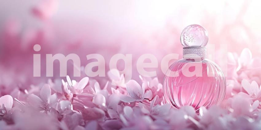 Elegant Perfume Bottle Mockup with Soft Pink Flowers Background, Sophisticated Perfume Bottle Surrounded by Delicate Pink Blooms