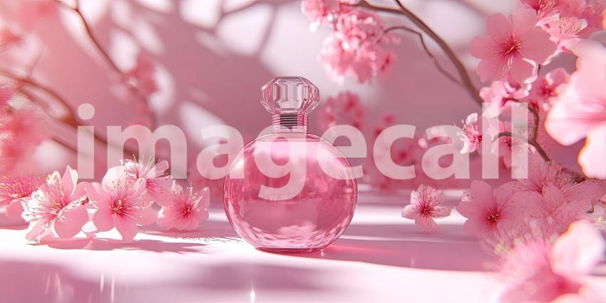 Elegant Perfume Bottle Mockup with Soft Pink Flowers Background, Sophisticated Perfume Bottle Surrounded by Delicate Pink Blooms