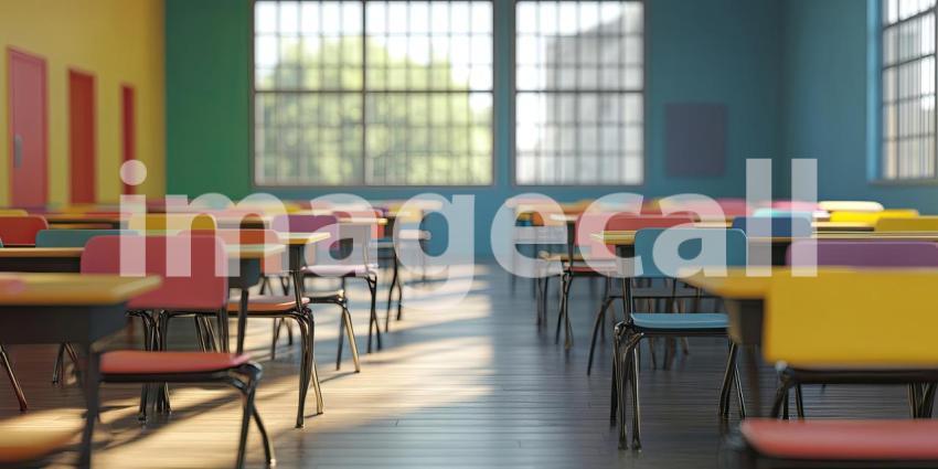 Empty classroom with colorful desks background, a bright and cheerful learning space featuring desks in vibrant hues arranged neatly, with a large whiteboard and windows letting in natural light.