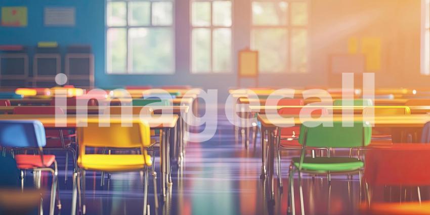 Empty classroom with colorful desks background, a bright and cheerful learning space featuring desks in vibrant hues arranged neatly, with a large whiteboard and windows letting in natural light.