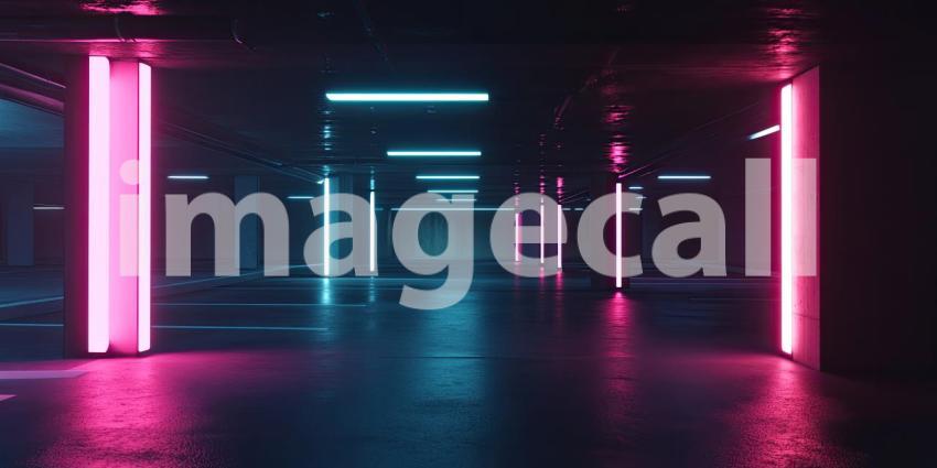 Empty well-lit underground parking lot background, a spacious, dimly lit parking structure with bright overhead lights illuminating the clean, empty spaces, creating a calm and quiet atmosphere with modern, industrial design elements.