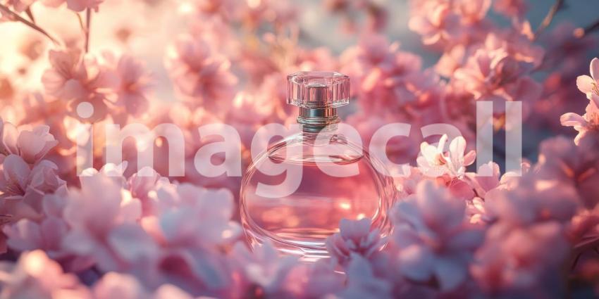 Elegant Perfume Bottle Mockup with Soft Pink Flowers Background, Sophisticated Perfume Bottle Surrounded by Delicate Pink Blooms