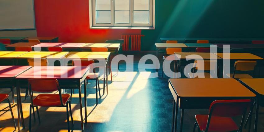 Empty classroom with colorful desks background, a bright and cheerful learning space featuring desks in vibrant hues arranged neatly, with a large whiteboard and windows letting in natural light.