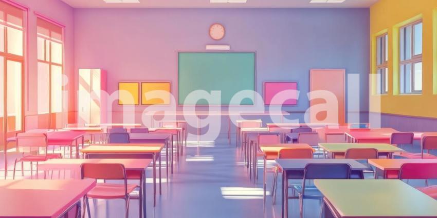 Empty classroom with colorful desks background, a bright and cheerful learning space featuring desks in vibrant hues arranged neatly, with a large whiteboard and windows letting in natural light.