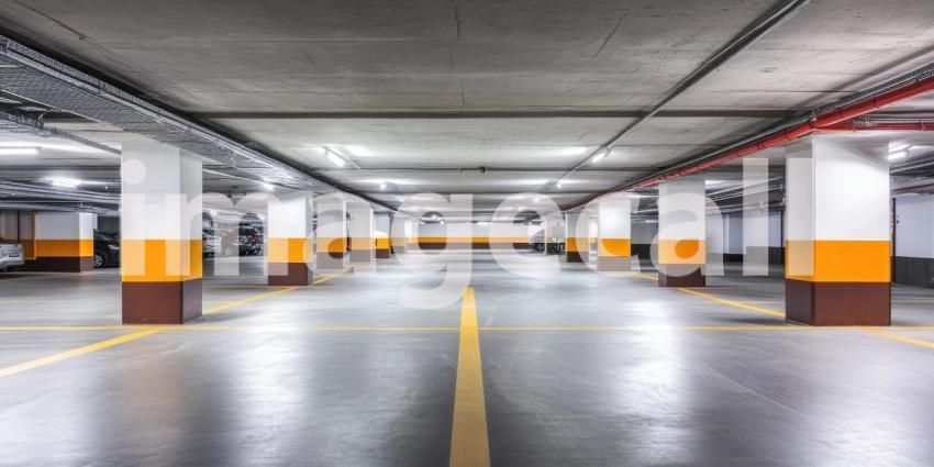 Empty well-lit underground parking lot background, a spacious, dimly lit parking structure with bright overhead lights illuminating the clean, empty spaces, creating a calm and quiet atmosphere with modern, industrial design elements.