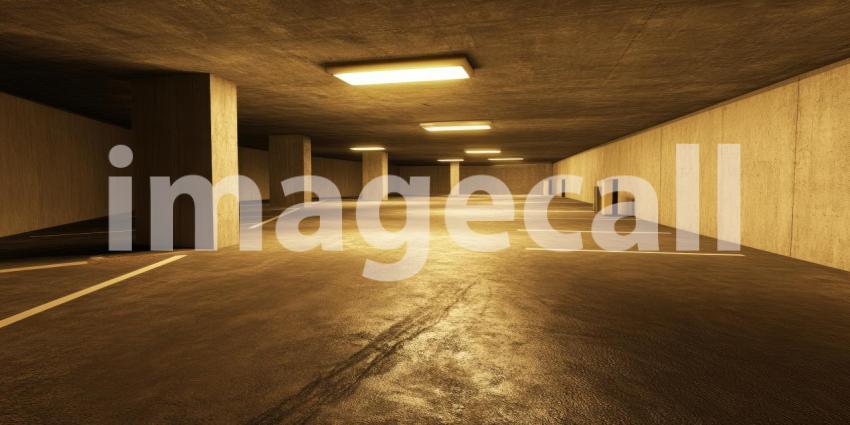 Empty well-lit underground parking lot background, a spacious, dimly lit parking structure with bright overhead lights illuminating the clean, empty spaces, creating a calm and quiet atmosphere with modern, industrial design elements.