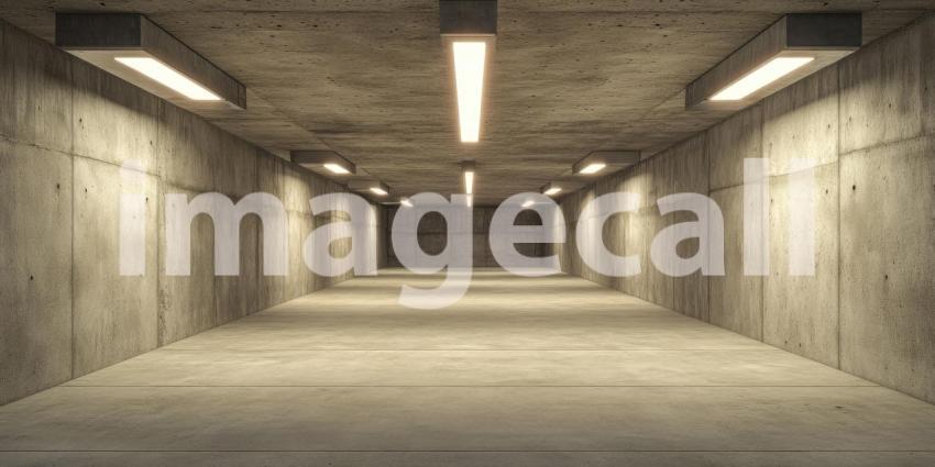 Empty well-lit underground parking lot background, a spacious, dimly lit parking structure with bright overhead lights illuminating the clean, empty spaces, creating a calm and quiet atmosphere with modern, industrial design elements.