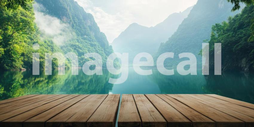 Empty wooden platform by a serene lake, surrounded by lush green mountains, reflecting the tranquil waters, creating a peaceful and calming atmosphere with natures beauty all around.