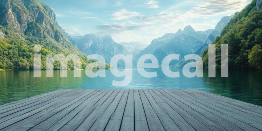 Empty wooden platform by a serene lake, surrounded by lush green mountains, reflecting the tranquil waters, creating a peaceful and calming atmosphere with natures beauty all around.