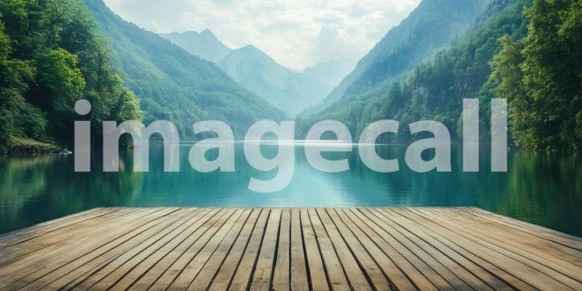 Empty wooden platform by a serene lake, surrounded by lush green mountains, reflecting the tranquil waters, creating a peaceful and calming atmosphere with natures beauty all around.