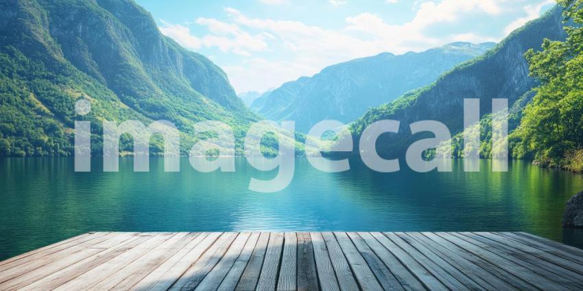 Empty wooden platform by a serene lake, surrounded by lush green mountains, reflecting the tranquil waters, creating a peaceful and calming atmosphere with natures beauty all around.