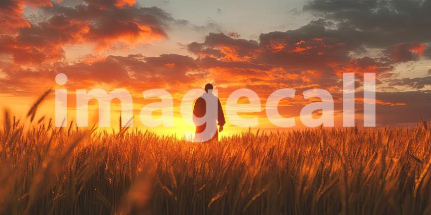 Farmer in Wheat Field at Sunset Background, Silhouette of a Farmer Walking Through a Golden Wheat Field with a Beautiful Sunset Sky in the Background
