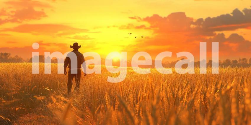 Farmer in Wheat Field at Sunset Background, Silhouette of a Farmer Walking Through a Golden Wheat Field with a Beautiful Sunset Sky in the Background