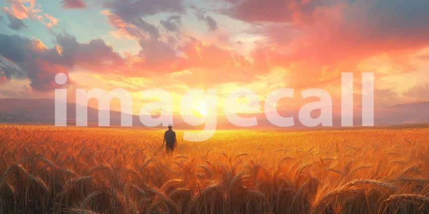 Farmer in Wheat Field at Sunset Background, Silhouette of a Farmer Walking Through a Golden Wheat Field with a Beautiful Sunset Sky in the Background