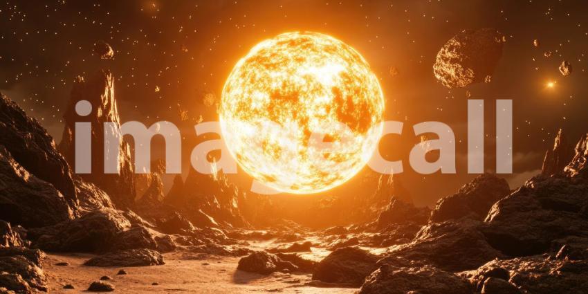 Fiery Sun Illuminating Rocky Alien Landscape Background, Dramatic Alien Terrain with Jagged Rocks and a Blazing Sun Casting Intense Light