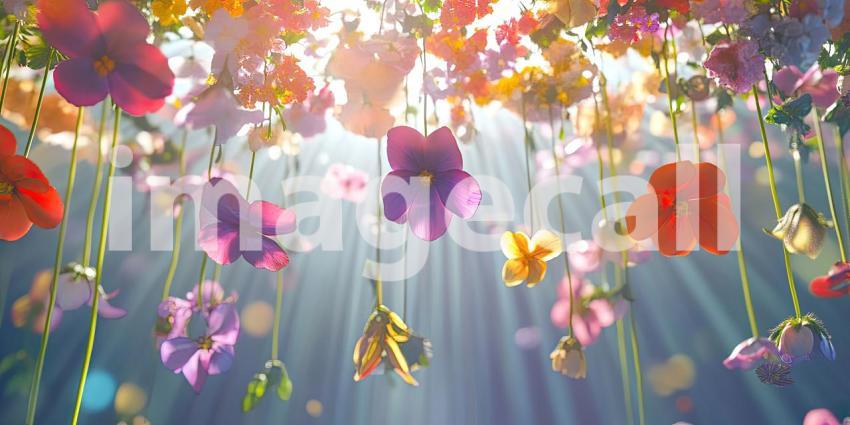 Flowers hanging from the ceiling vibrant background, a colorful display of blooming flowers suspended in mid-air, creating a lively and joyful atmosphere with a mix of bright hues against a soft backdrop.