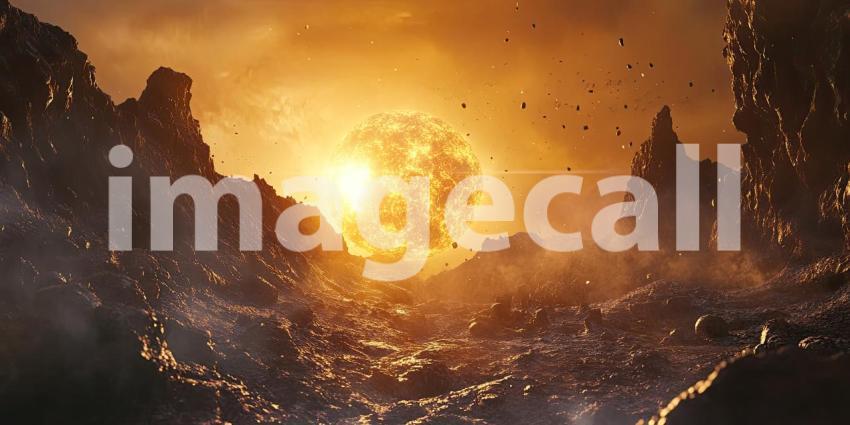 Fiery Sun Illuminating Rocky Alien Landscape Background, Dramatic Alien Terrain with Jagged Rocks and a Blazing Sun Casting Intense Light
