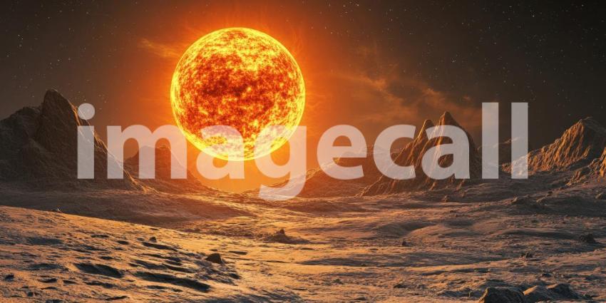 Fiery Sun Illuminating Rocky Alien Landscape Background, Dramatic Alien Terrain with Jagged Rocks and a Blazing Sun Casting Intense Light