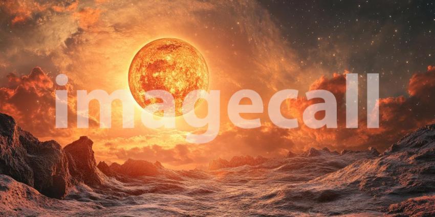Fiery Sun Illuminating Rocky Alien Landscape Background, Dramatic Alien Terrain with Jagged Rocks and a Blazing Sun Casting Intense Light