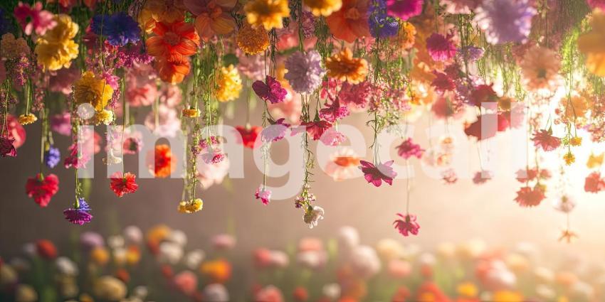 Flowers hanging from the ceiling vibrant background, a colorful display of blooming flowers suspended in mid-air, creating a lively and joyful atmosphere with a mix of bright hues against a soft backdrop.
