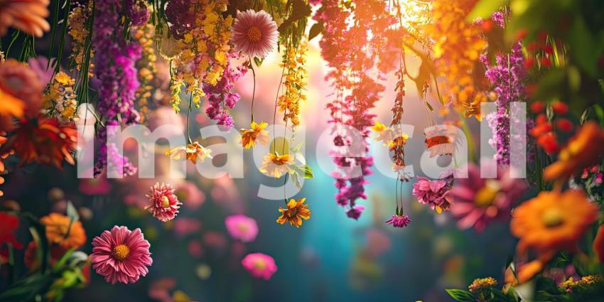 Flowers hanging from the ceiling vibrant background, a colorful display of blooming flowers suspended in mid-air, creating a lively and joyful atmosphere with a mix of bright hues against a soft backdrop.