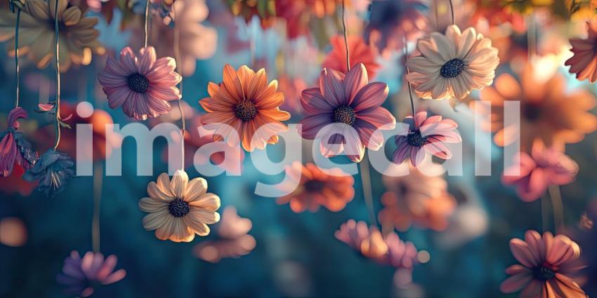 Flowers hanging from the ceiling vibrant background, a colorful display of blooming flowers suspended in mid-air, creating a lively and joyful atmosphere with a mix of bright hues against a soft backdrop.