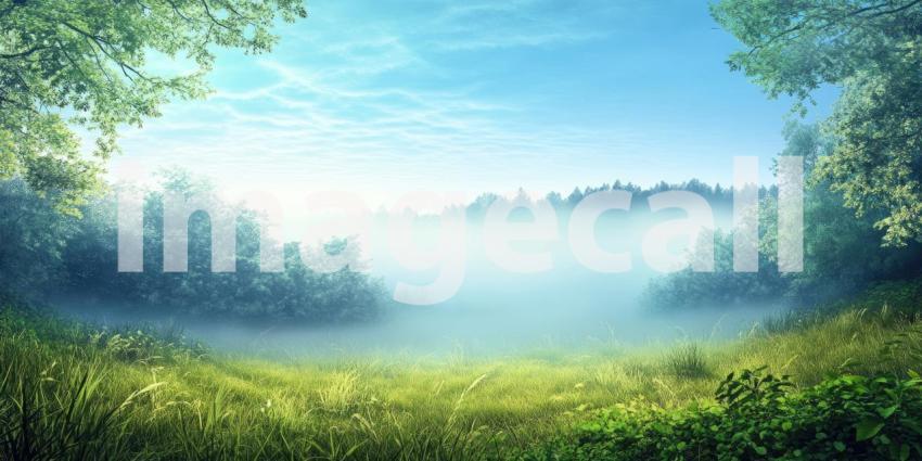 Foggy landscape with sky and deep forest background, a mysterious scene with thick fog enveloping the forest, soft light filtering through the mist, and towering trees partially obscured, creating a tranquil yet eerie atmosphere.