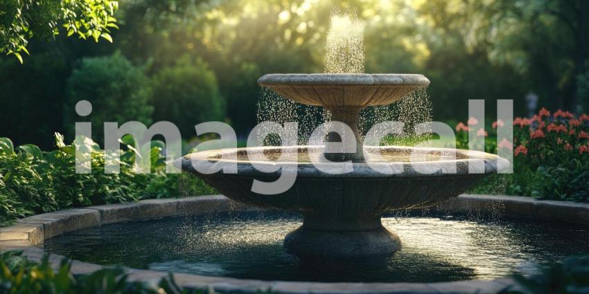 Fountain with cascading water in a garden setting background, water flowing gracefully from the fountain, surrounded by lush greenery, flowers, and serene garden elements, creating a tranquil and refreshing atmosphere.